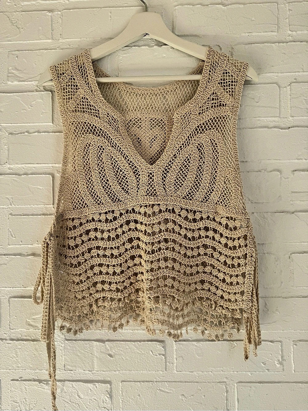 Crochet Fringe Tank Top in Beige Like New